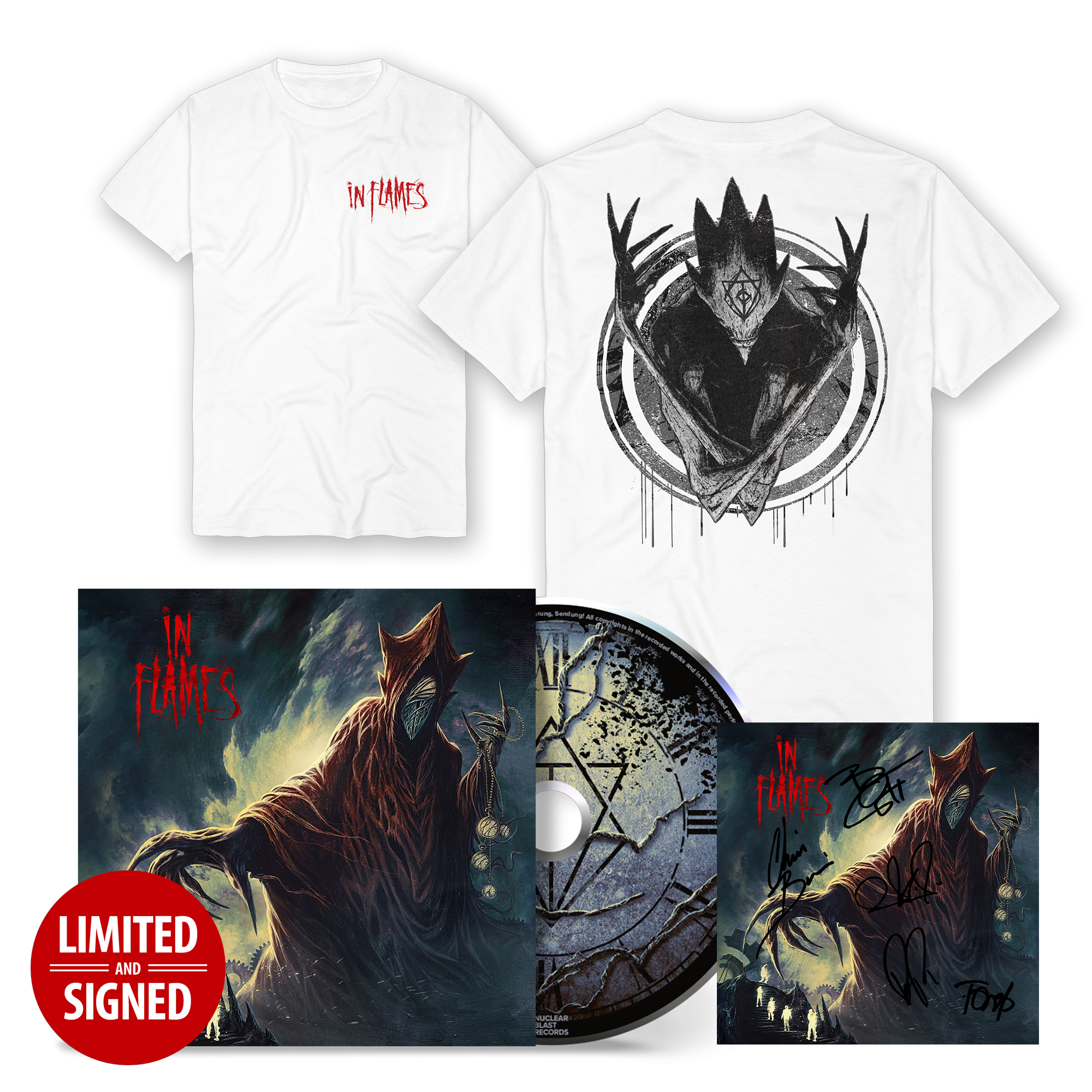In Flames Foregone Signed Jewel Case CD + White Goul Shirt Bundle 267619